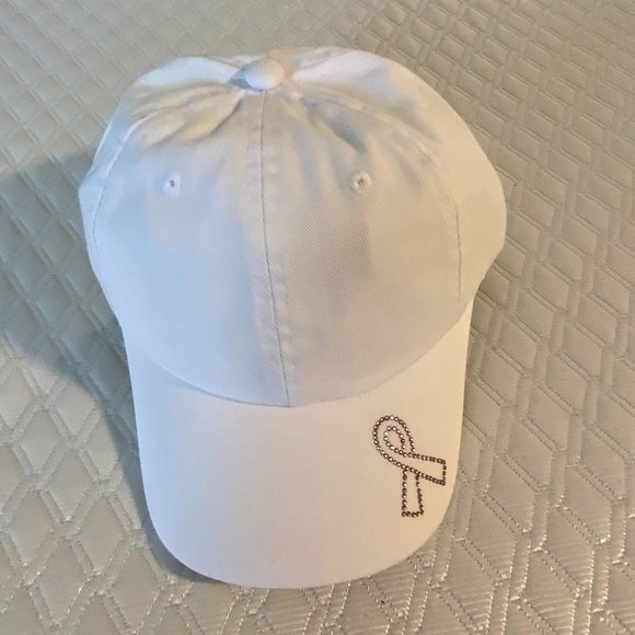 White Baseball Cap with Pink Crystal Breast Cancer Awareness Ribbon NWOT - Picture 1 of 9
